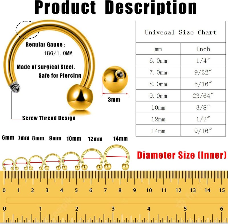 Earmark 7Pairs 6/7/8/9/10/12/14MM Surgical Steel Horseshoe Small Septum Rings Smiley Piercing Jewelry Circular Curved Barbell Piercing Hoops Set for Nose Nipple Nostril Cartilage Helix Daith Tragus Lip Eyebrow - Image 1